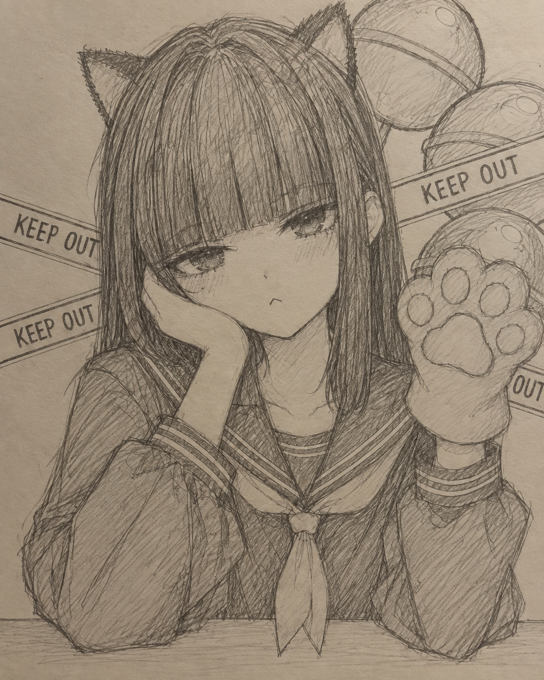 Pencil drawing of a cat-eared character resting their cheek on one hand and raising a paw.